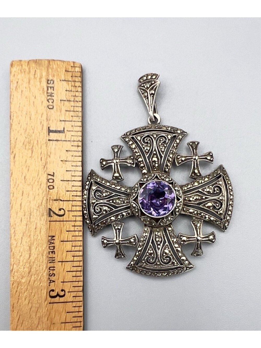 Vintage Jerusalem Cross Crusaders Silver Marcasite Purple Stone Pendant - Picture 7 of 8